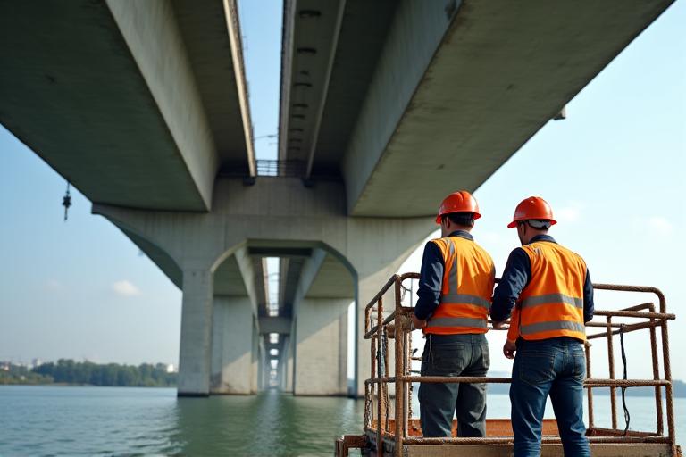 Ingenieure inspizieren die Unterseite einer großen Autobahnbrücke mit spezieller Ausrüstung.