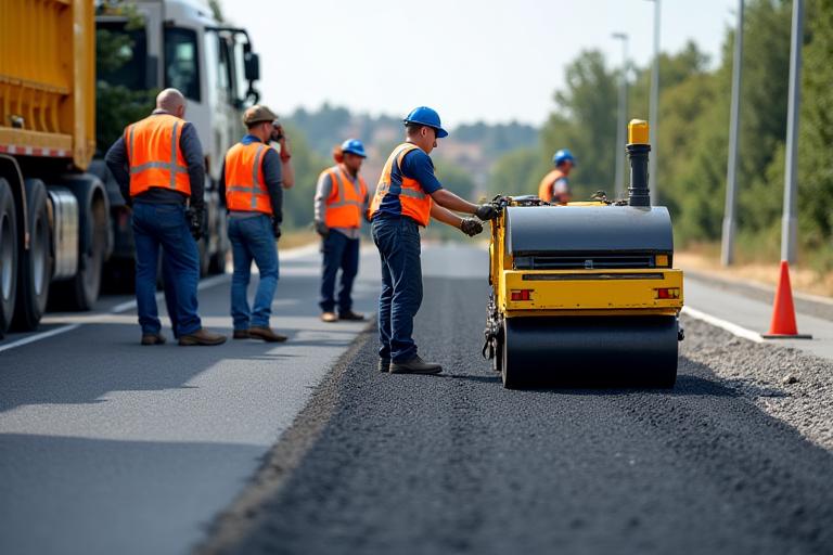 Team von Wegelicht Solutions bei der Reparatur einer Fahrbahn mit modernen Maschinen.