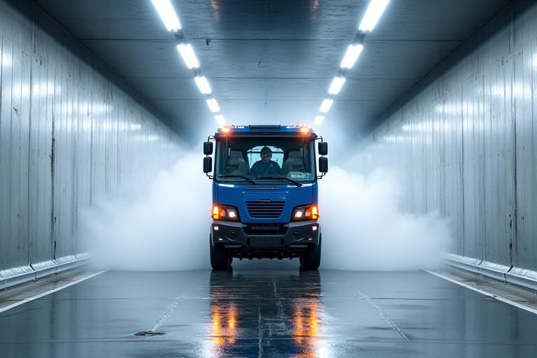 Spezialfahrzeug reinigt die Wände eines beleuchteten Tunnels mit Wasserstrahlen.