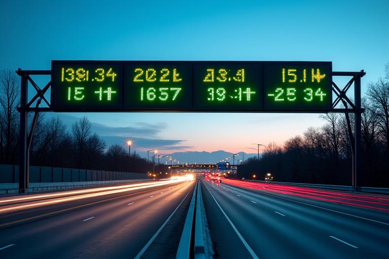 Digitales Verkehrsleitdisplay über einer Autobahn zeigt grüne Pfeile und Geschwindigkeitsbegrenzungen an.