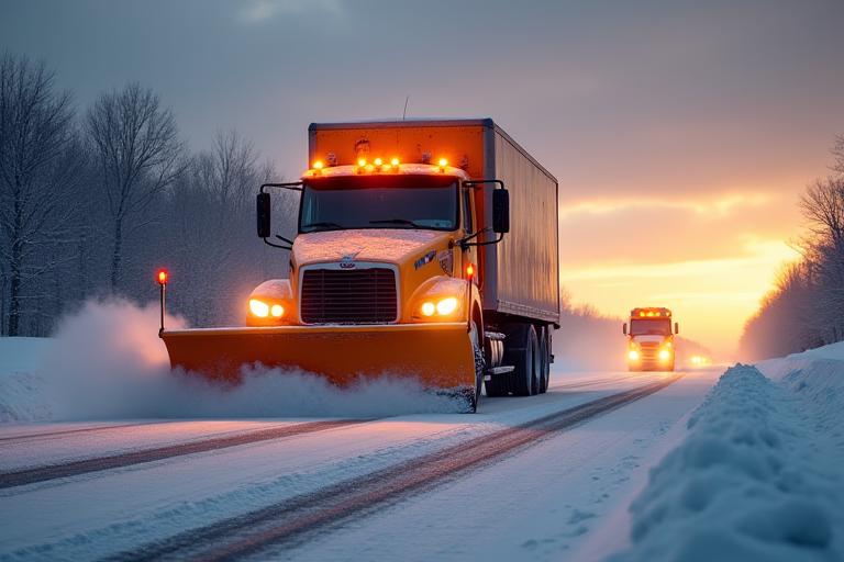 Schwerer Schneepflug räumt eine verschneite Autobahn bei Sonnenaufgang.